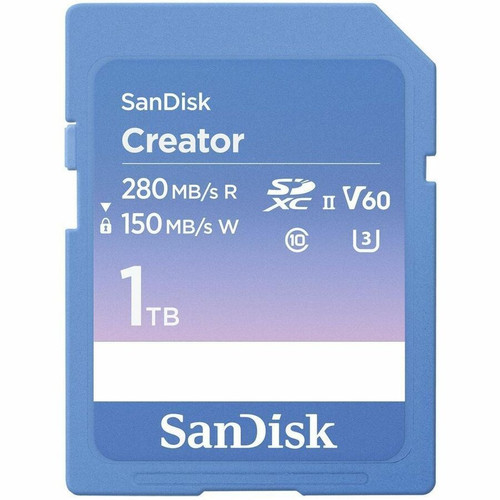 SanDisk Creator SDSDXEP-1T00-GNCIS 1 TB Class 10/UHS-II (U3) V60 SDXC - 280 MB/s Read - 150 MB/s Write - Lifetime Warranty (Fleet Network)
