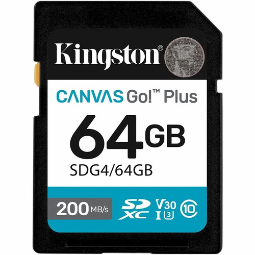 Kingston Canvas Go! Plus 64 GB Class 10/UHS-I (U3) V30 SDXC - 200 MB/s Read - Lifetime Warranty (Fleet Network)