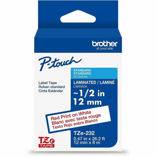 Brother Genuine P-touch TZe232 RD on WHT Label Tape, Laminated, 12mmX8m - x 15/32" (12 mm) Width - White - Water Resistant - Laminated (Fleet Network)