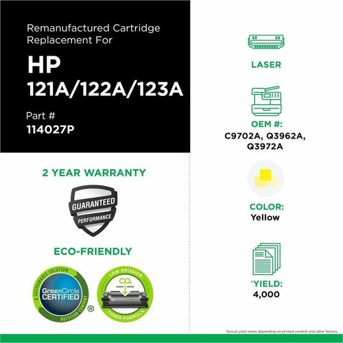 Compatible CIG 114027P Remanufactured Yellow Laser Toner Cartridge - 4000 Page Yield - with HP 121A/122A/123A - Canon EP-87