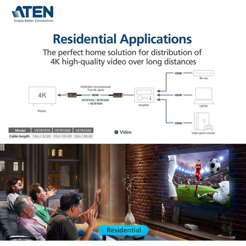 ATEN 10M True 4K HDMI 2.0 Active Optical Cable (True 4K@10m) - 32.8 ft (10 m) Hybrid Fiber Optic A/V Cable for Audio/Video Device, - 1 (VE781010)