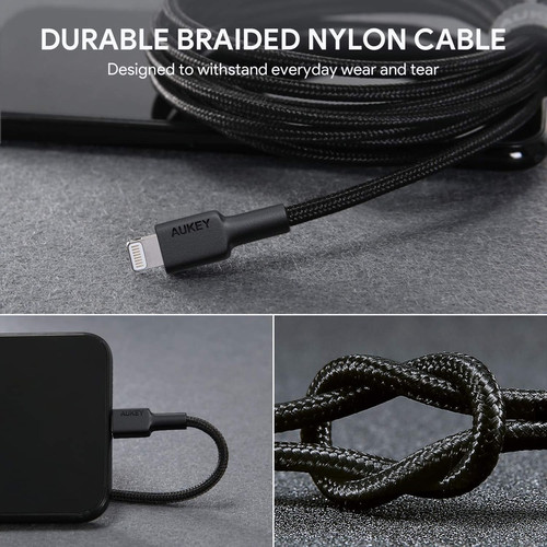 AUKEY USB-A to Lightning Cable Mfi Certified Nylon Braided - 9.8 ft (3 m) Lightning/USB Data Transfer Cable for Computer - First End: (CB-AL07)