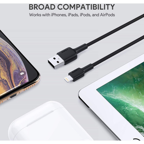 AUKEY USB-A to Lightning Cable Mfi Certified Nylon Braided - 9.8 ft (3 m) Lightning/USB Data Transfer Cable for Computer - First End: (CB-AL07)