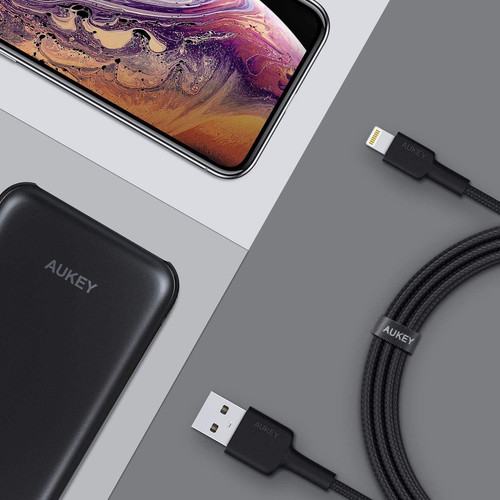 AUKEY USB-A to Lightning Cable Mfi Certified Nylon Braided - 9.8 ft (3 m) Lightning/USB Data Transfer Cable for Computer - First End: (CB-AL07)
