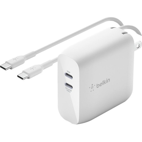 Belkin BoostCharge Dual USB-C GaN Wall Charger 68W + USB-C Cable Laptop Chromebook Charging - Power Adapter - 68 W - White (Fleet Network)
