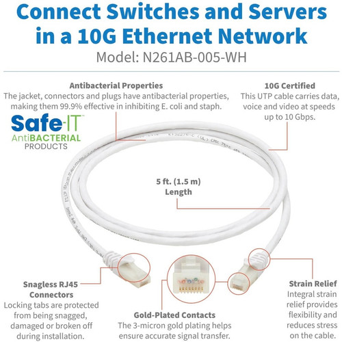 Tripp Lite Safe-IT N261AB-005-WH Cat.6a UTP Network Cable - 5 ft (1.52 m) Category 6a Network Cable for Network Device, Patch Panel, - (N261AB-005-WH)