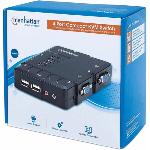 Manhattan 151269 4-Port Compact KVM Switch - USB A - VGA - 1600 x 900 Resolution - Desktop Form Factor