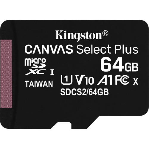 Kingston Canvas Select Plus SDCS2 64 GB Class 10/UHS-I (U1) microSDXC - 100 MB/s Read - Lifetime Warranty (Fleet Network)