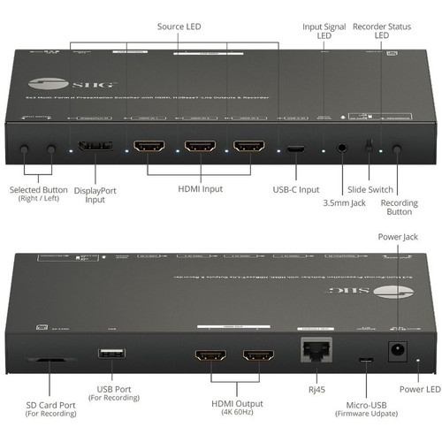 SIIG CE-H26S11-S1 5 x 3 Multi-Format Presentation Switcher & Recorder - 4K 3840 x 2160 - 3 HDMI Inputs - 2 HDMI Outputs - DisplayPort - RJ-45230 ft