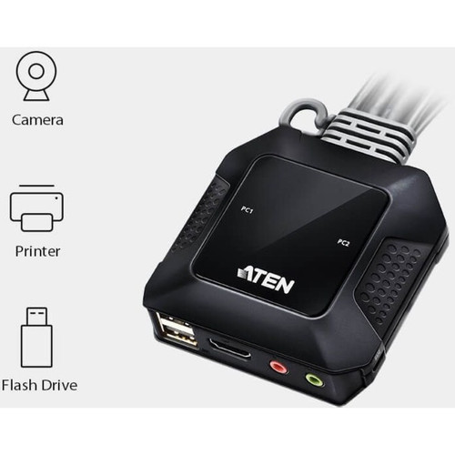 Aten CS22H 2-Port USB 4K HDMI Cable KVM Switch with Remote Port Selector - 4096 x 2160 - 5 USB - 3 HDMI