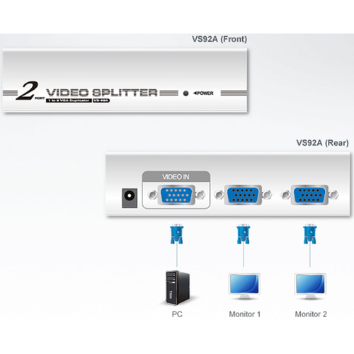 Aten VS92A VGA Switchbox - 1 Computer to 2 Monitors - 1920 x 1440 @ 60Hz - 350 MHz Bandwidth