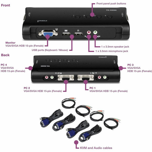 TRENDnet 4-Port USB KVM Switch and Cable Kit With Audio, Manage 4 Computers, USB Switch, Windows, Linux, Auto-Scan, Plug And Play, Hot (TK-409K)