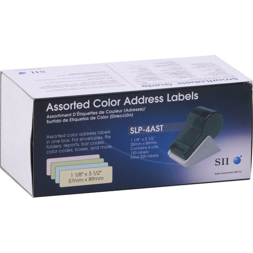 Seiko Address Label - 3 1/2" (88.90 mm) Width x 1 1/8" (28.45 mm) Length - Rectangle - Direct Thermal - Assorted, Green, Blue, Pink - (SLP-4AST)
