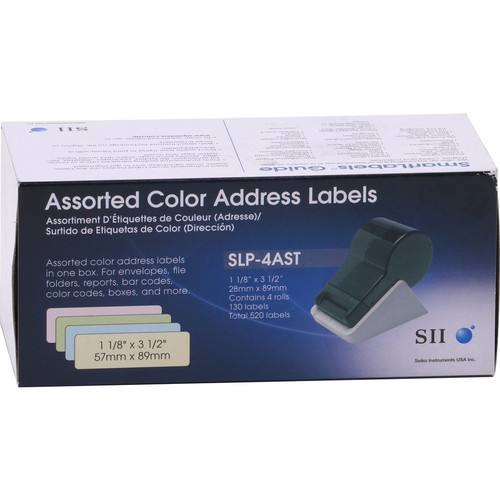 Seiko Address Label - 3 1/2" (88.90 mm) Width x 1 1/8" (28.45 mm) Length - Rectangle - Direct Thermal - Assorted, Green, Blue, Pink - (SLP-4AST)