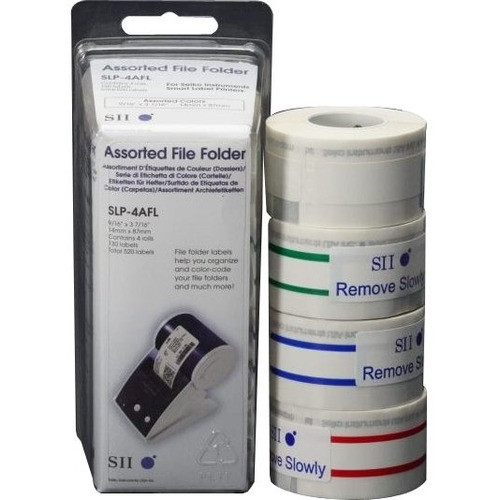 Seiko SmartLabel SLP-4AFL File Folder Label - 0.56" Width x 3.43" Length - 130/Roll - 0.79" Core - 4 Roll - Yellow, Pink, Blue, Green (Fleet Network)