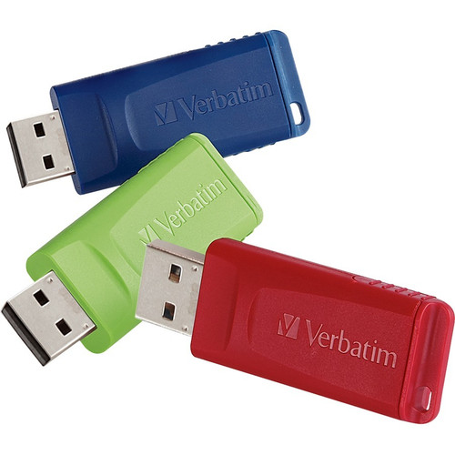 Verbatim 8GB Store 'n' Go USB Flash Drive - 3pk - Red, Green, Blue - 8 GB - Red, Blue, Green - 3 Pack - Capless, Retractable, Password (Fleet Network)