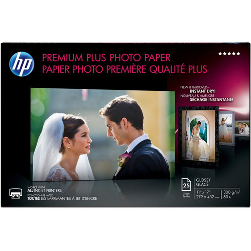 HP Premium Plus Glossy Tabloid Photo Paper - 11" (279.40 mm) x 17" (431.80 mm) - 80 lb (36287.39 g) Basis Weight - Glossy - Water Long (Fleet Network)