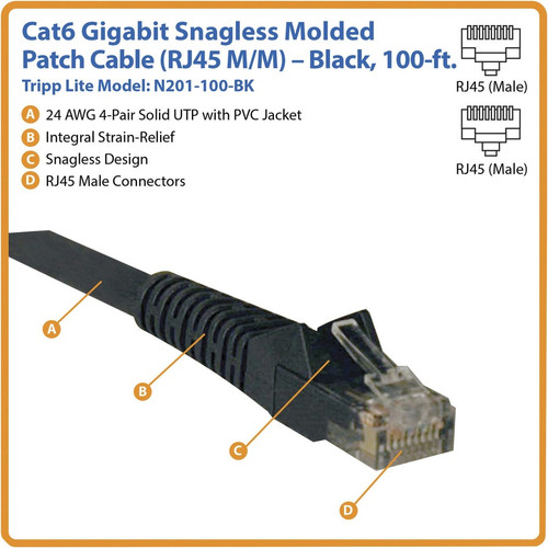 Tripp Lite series 100-ft. Cat6 Gigabit Snagless Molded Patch Cable (RJ45 M/M) - Black - 100 ft (30.48 m) Category 6 Network Cable for (N201-100-BK)