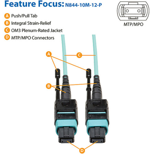 Tripp Lite series 10 Meter MTP / MPO Patch Cable, 12 Fiber, 40GbE Aqua OM3 Plenum - 32.8 ft (10 m) Fiber Optic Network Cable for - 1 x (N844-10M-12-P)