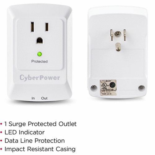 CyberPower CSP100TW Professional 1-Outlet Surge Protector - 900 J Surge Suppression - NEMA 5-15P - RJ-11 Data Line Protection - White