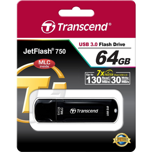 Transcend 64GB JetFlash 750 USB 3.0 Flash Drive - 64 GB - USB 3.0 - Black - Lifetime Warranty (Fleet Network)