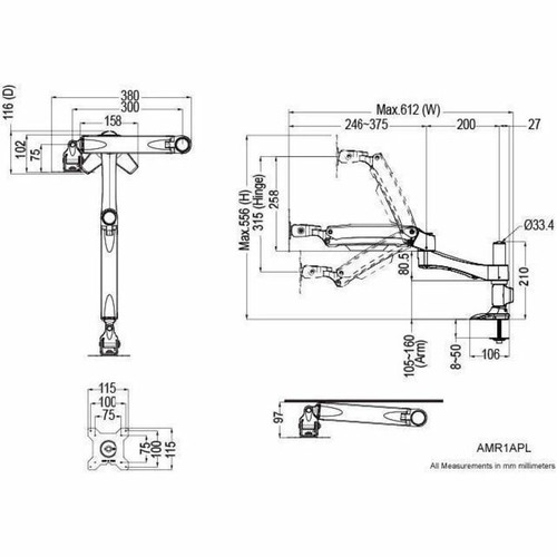 Amer Mounts Long Articulating Monitor Arm (Grommet Base) Supports Flat Panel Size up to 32" AMR1APL - Single articulating LCD/LED with (AMR1APL)