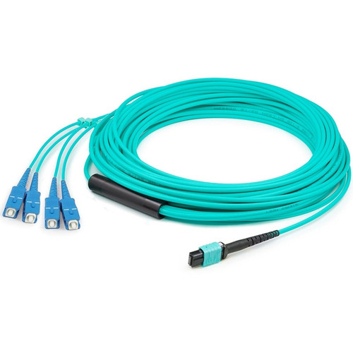 AddOn 20m MPO/UPC to 4xSC Duplex (8xSC)/UPC Aqua OM3 OFNR (Riser-Rated) 8-Strand Fiber Fanout Cable - 65.6 ft (20 m) Fiber Optic Cable (Fleet Network)