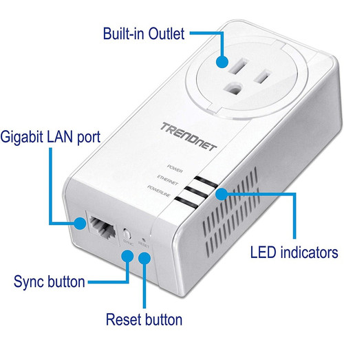 TRENDnet TPL-423E Powerline 1300 AV2 Adapter with Built-in Outlet - Gigabit Port - HomePlug AV2 - Range Up to 300m