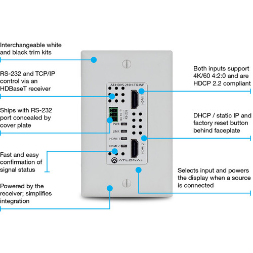 Atlona AT-HDVS-210H-TX-WP 4K UHD Two-Input Wallplate HDMI Switcher with HDBaseT Output - Twisted Pair - 328 ft