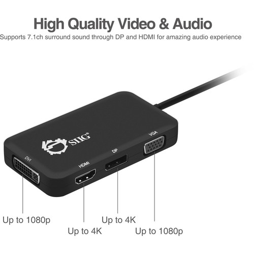 SIIG USB-C Multiport Video Adapter With DVI VGA DisplayPort And HDMI For Notebooks Desktops DVI/VGA/DP/HDMI Notebook Desktop Black CB-TC0611-S1