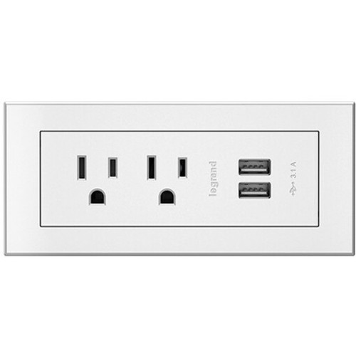Chief Power Center, 2 AC, 2 USB-A, White - 2 x Power Receptacles - 120 V AC / 15 A Rectangular Flush Mount (KRARPC22W)