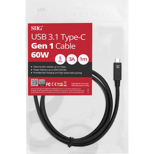 SIIG USB 3.1 Type C Gen 1 Meter 3.3 Foot Data Transfer And Power Cable For Adapters Desktops Notebooks Tablets CB-TC0D11-S1