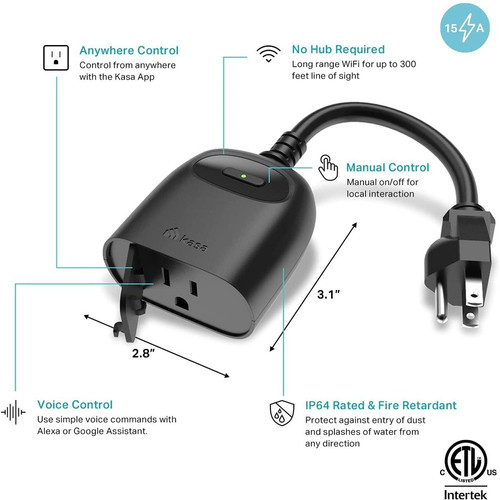 Kasa Smart Kasa Smart WiFi Outdoor Plug - 1 x AC Power Plug - 1 x AC Power Receptacle - 120 V AC / 15 A - Alexa, Google Home, (KP401)