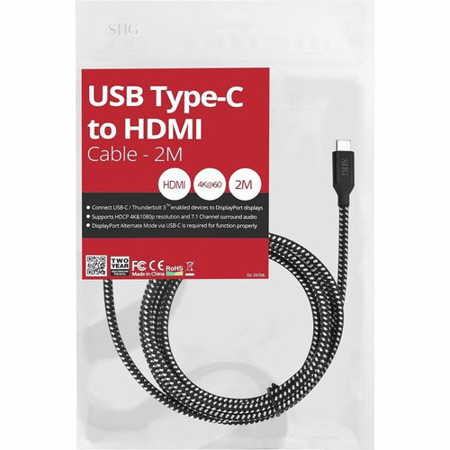SIIG USB Type-C To HDMI Cable 6.6 Ft 2 M Adapter For Audio Video Devices Audio/Video HDMI/USB-C Device First End Male A/V X CB-TC0B12-S1