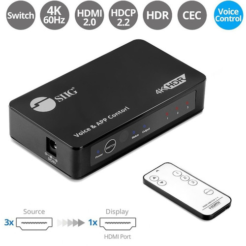 SIIG 4K HDMI Switch With IR And Voice App Control For TV Display Input Selection Out X CE-H27211-S1