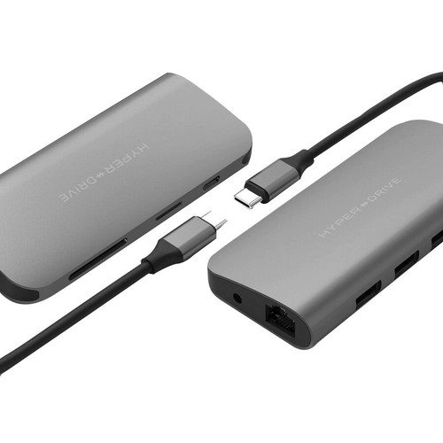 Hyper POWER 9-in-1 USB-C Hub - Memory Card Reader - microSD, SD - 60 W - USB Type C - 4K - 3840 x 2160 - 3 x USB Type-A Ports - USB - (HD30F-GRAY)