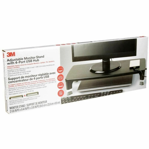 3M MS100B Monitor Stand - 21. 6" x 9. 4" Platform - Height Adjustable 2. 76"-3. 94" - 33 lb Load Capacity - USB Hub - Black