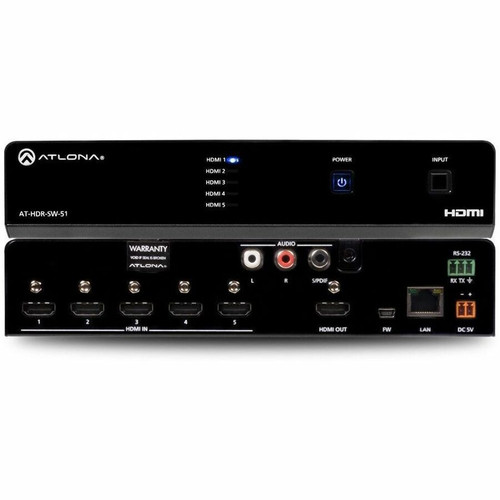 Atlona 4K HDR Five-Input HDMI Switcher - 4096 x 2160 - 4K UHD - 5 - Computer, Display, Media Player, Set-top Box - 1 x HDMI Out - 60 (Fleet Network)