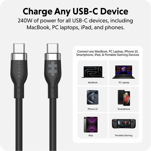 Targus HJ4002BKGL HyperJuice 240W USB-C to USB-C Charging Cable - 6ft/2m - Tangle-Resistant - Black