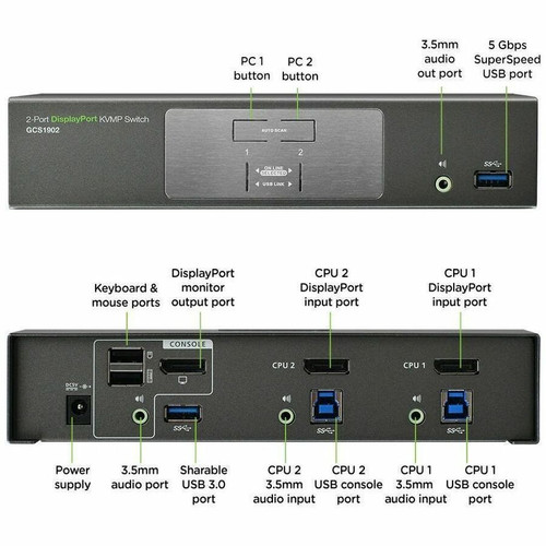 IOGEAR 2-Port DisplayPort/HDMI KVMP Switch with USB 3.0 Hub (TAA Compliant) - 2 Computer(s) - 4K UHD - 3840 x 2160 - 5 x USB - 3 x (GCS1902-UN)
