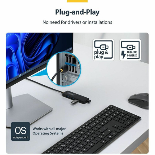 StarTech.com H5A4A-USB-HUB-2 4-Port USB-A Hub - 5Gbps Bus-Powered with 2ft Cable & 70% PCR Plastic