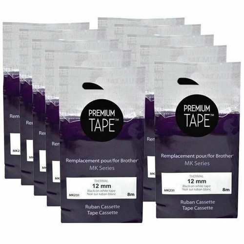 Compatible Premium Tape MK231-10 Label Tape for Brother PT Series - Black/White - 12mm x 26. 25 ft - 10 Pack
