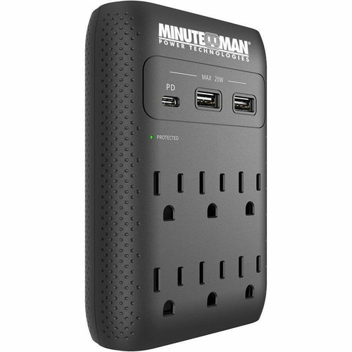 Minuteman MMS-WAL6U3 Wall-Mount Surge Protector - 6 AC Outlets - 3 USB Ports - 1. 8 kVA - 1080 J - Right-Angle Plug