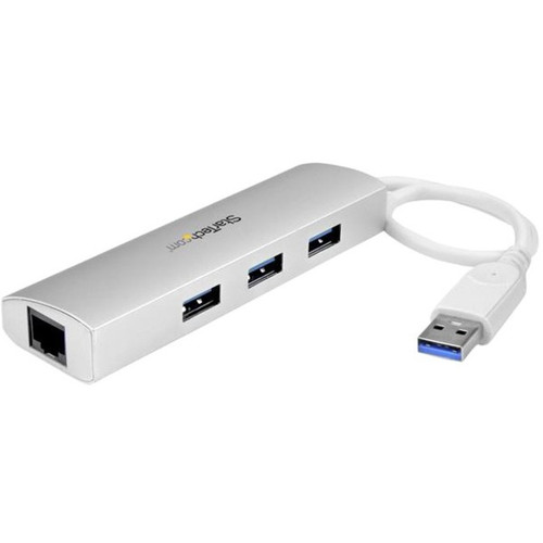 StarTech.com 3 Port Portable USB 3.0 Hub plus Gigabit Ethernet - Built-In Cable - Aluminum USB Hub with GbE Adapter - USB - External - (Fleet Network)