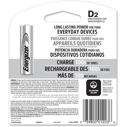 Energizer NH50BP-2 Recharge Universal D Rechargeable Batteries - 2500 mAh NiMH - 2-Pack