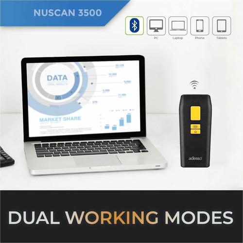 Adesso NUSCAN 3500 Barcode Scanner - Antimicrobial Waterproof Handheld with 1D/2D Scanning - Bluetooth & 2.4GHz Wireless - 300 scans/sec - IP66