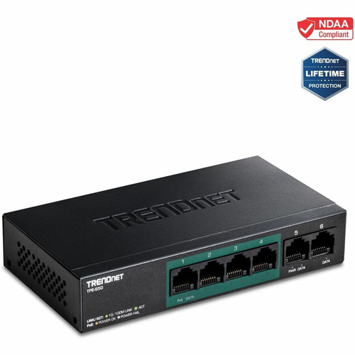 TRENDnet 6-Port Fast Ethernet PoE+ Switch, 4 x Fast Ethernet PoE Ports, 2 x Fast Ethernet Ports, 60W PoE Budget, 1.2 Gbps Switch - (Fleet Network)
