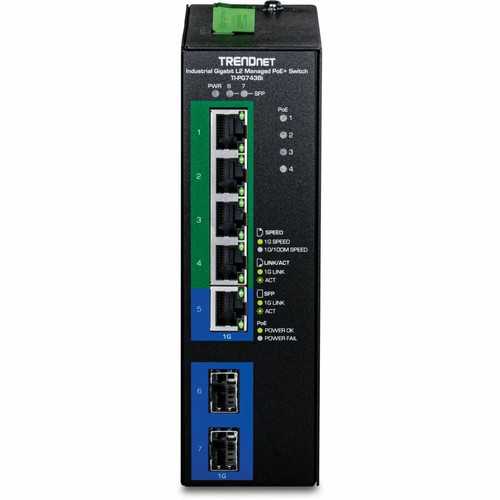 TRENDnet TI-PG743BI Industrial Gigabit L2 Managed PoE+ DIN-Rail Switch - 5 Ports - 4 PoE+ - 2 SFP - 120W Budget
