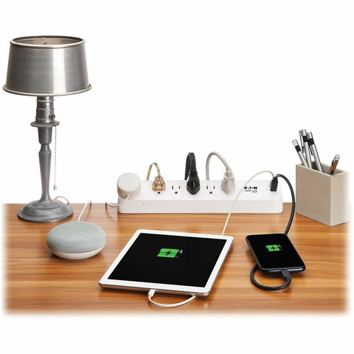 Tripp Lite by Eaton TLP66UCLAMP Protect It! 6-Outlet Surge Protector with USB-A & USB-C - 1. 88 kVA - 900 J - White - Desk Mount