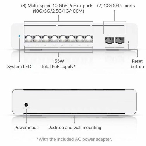 Ubiquiti USW-Pro-XG-8-PoE Pro XG 8-Port Managed Switch - 10GbE PoE++ - 155W Budget - 2 SFP+ Uplinks - Layer 3